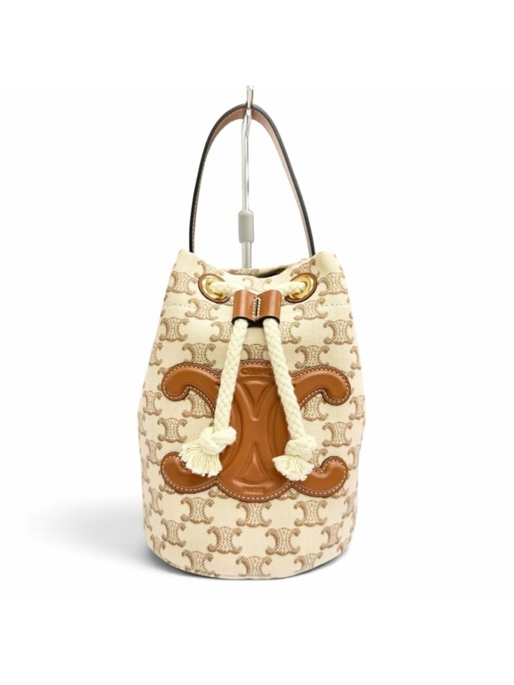 Celine Teen Canvas Leather Triomphe Drawstring Handbag Brown Beige
